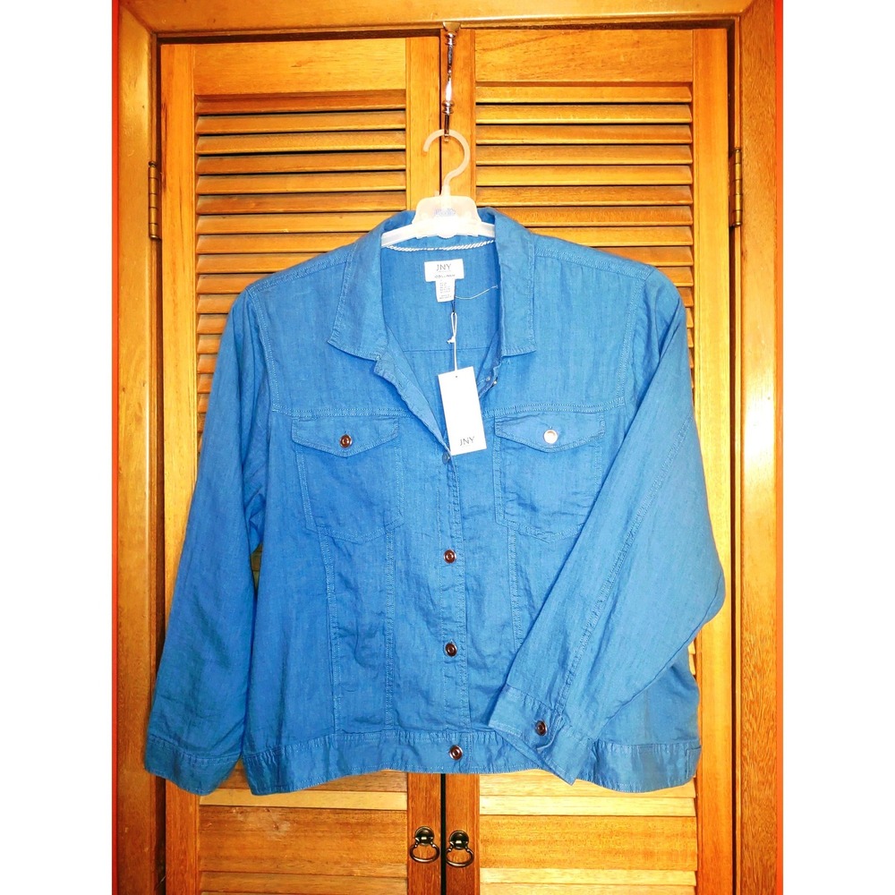 100% Linen Jones New York Jacket Womens 3X Blue NEW Relaxed Trucker Lightweight - Picture 2 of 9